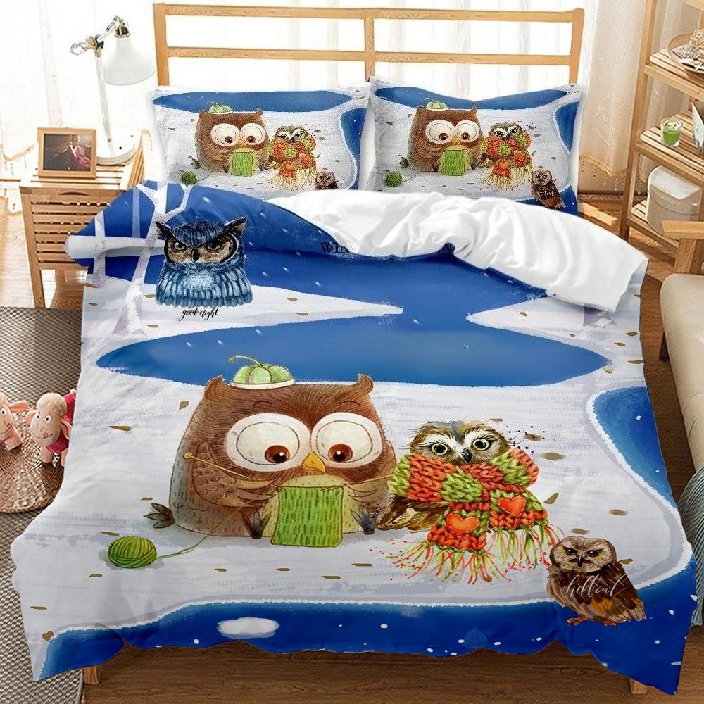 Cartoon Owl Duvet Cover Set Mystical Forest Retro Bohemian Bedding Set For Kids And Teenagers 3-Piece Set With 2 Pillowcases