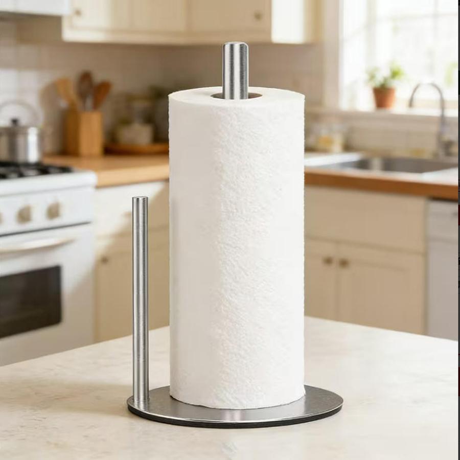 Stainless Steel Kitchen Roll Holder with Weighted Base - Heavy-Duty Countertop Organizer Space-Saving Design for Paper Towels
