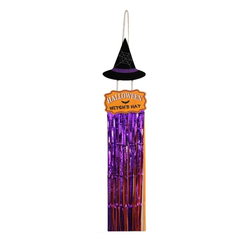 Wood Sign with Tassels Halloween Decoration Front Door Hanging Plaques Ornament with Bat Witch Pattern for Home Decors