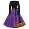 Women's Casual Halloween Print Dress Long Sleeve Round Neck Vintage Style Midi Dress with Waist Tie for Seasonal Festive Wear