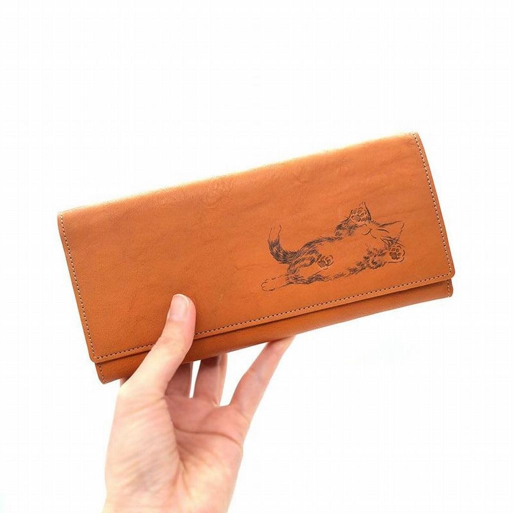 [WACHIFIELD] Dayan the Cat Genuine Leather Long Wallet, Camel