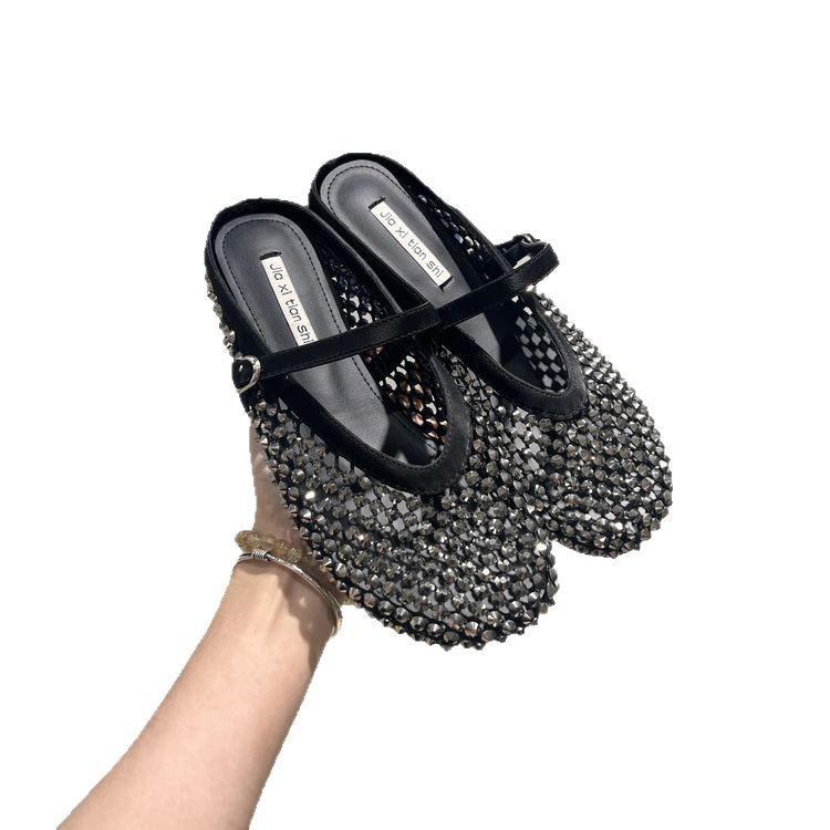 Super breathable~ Rhinestone golden fishing net bag head half slippers women's 2025 summer new thick-bottomed Mary Jane French sandals