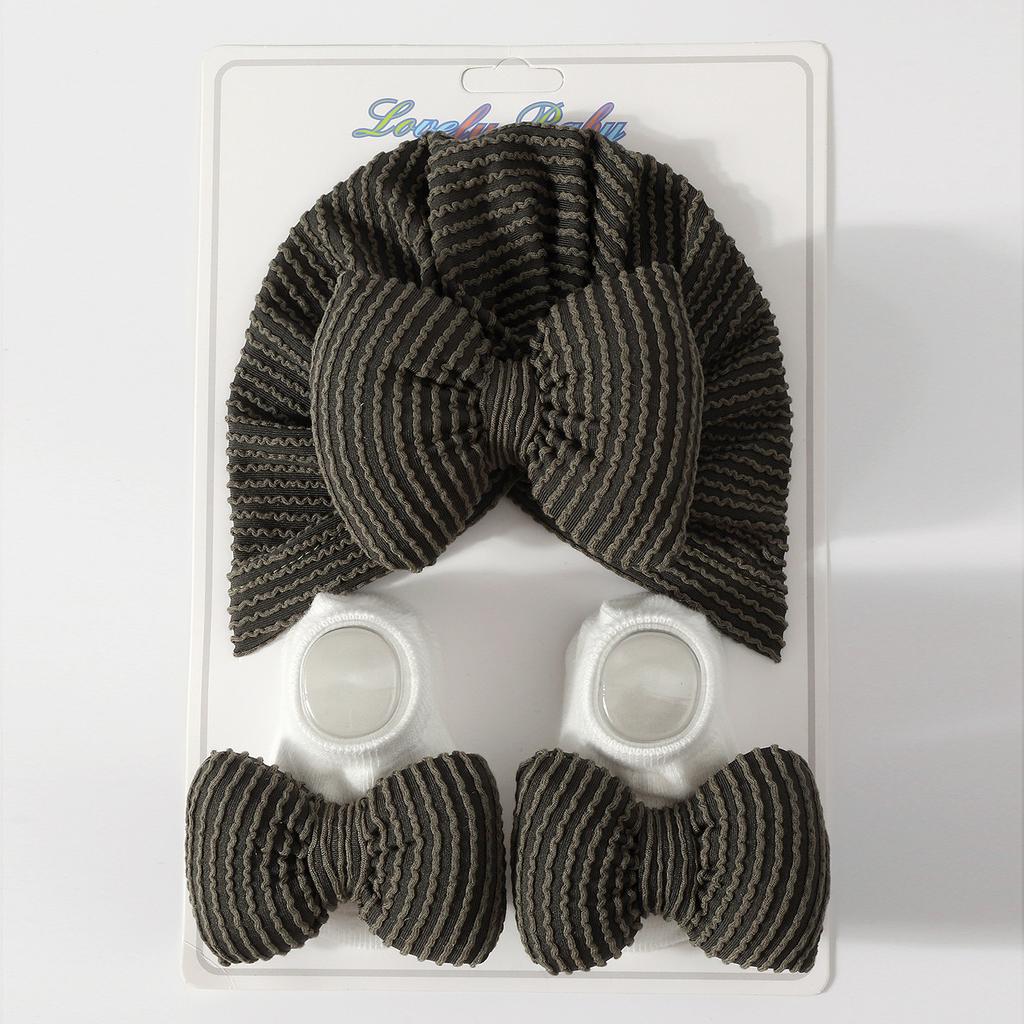 Set Pălărie cu Fundă în Dungi și Șosete pentru Sugari Nou-născut Protecție Moale Coroană Bumbac Amestec Bonetă Căciulă Călduroasă Căptușită Toate Sezoanele Set Cadou pentru Bebi Șosete Antiderapante