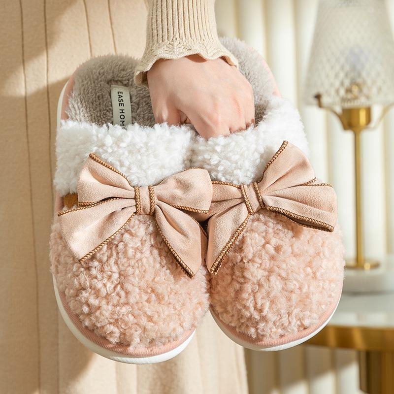 Bow cotton slippers women's autumn and winter home indoor non-slip couple home fluffy slippers warm fluffy
