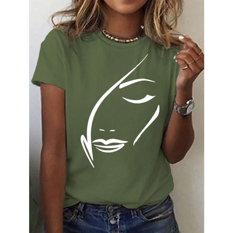 Summer Round Neck 3D Facial Depiction Pattern Print Top Fashionable Casual Short Sleeved Women's T-shirts