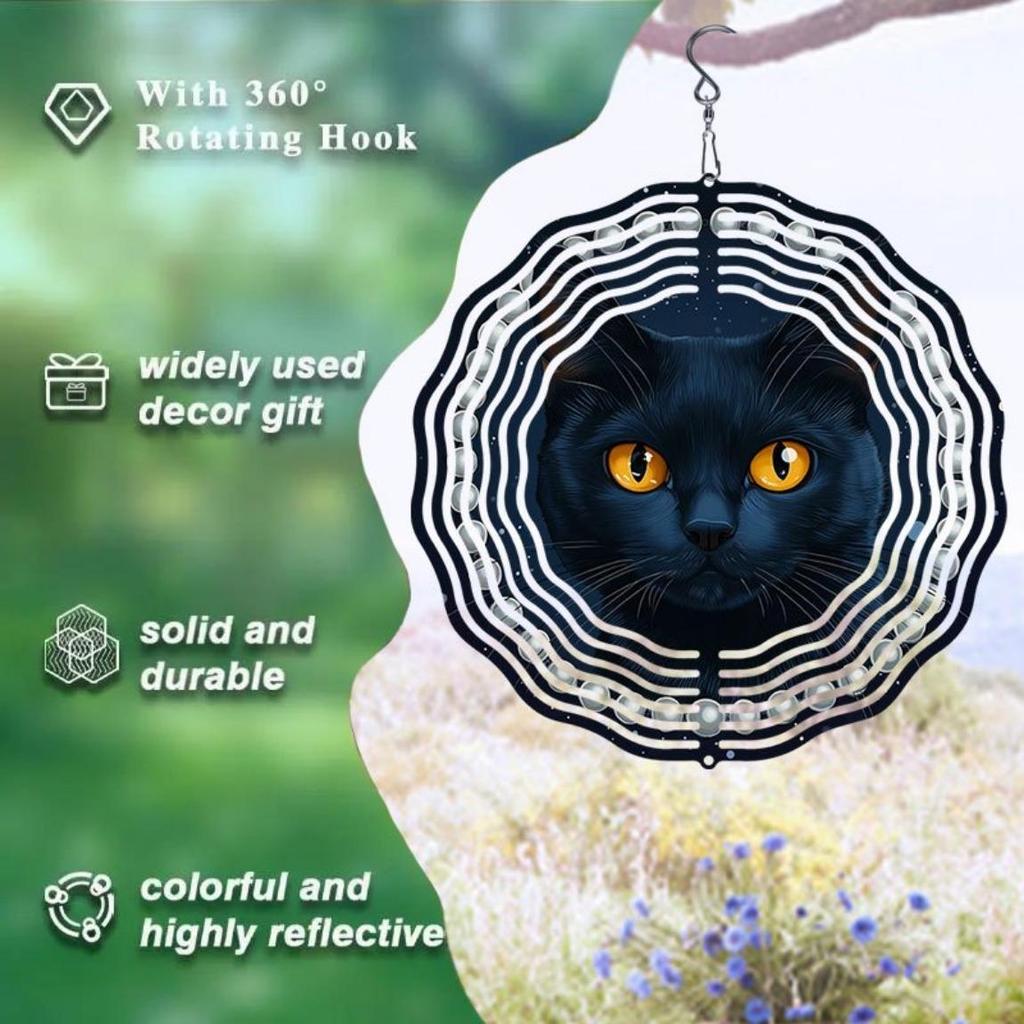 Závěsná větrná zvonkohra Perlová Černá Kočka Vzor Směrovka Větru Gyro Kovová Dekorace pro Venkovní Zahradu Patio Vnitřní Prostor Ideální Dárek pro Festival