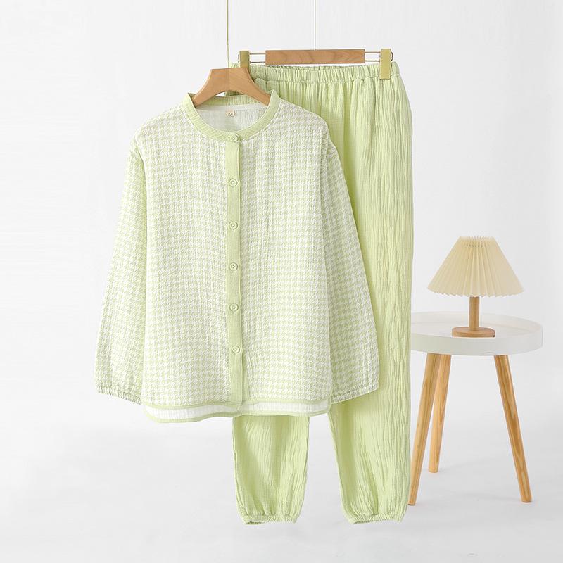 

Женский пижамный комплект из чистого хлопка, марлевый: Круглый вырез, Длинный рукав, Длинные брюки, Весенне-осенний стиль, Для дома/улицы Extra Large