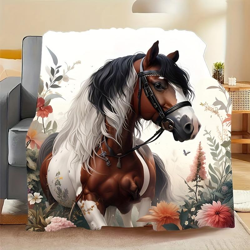 Spring Floral Horse Fleece Blanket Boho Equestrian Style Throw Blanket Soft Cozy for Country Home Decor Spring Outdoor Lounging