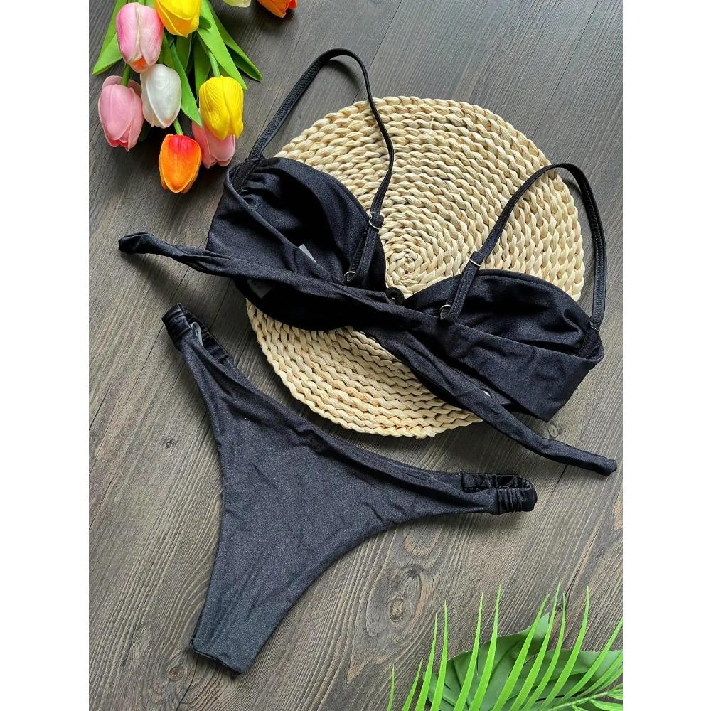 Sexy 3D Blumen Bikini Set 2025 Damen Schwarz Weiß V Bügel Unterbrust Micro Mini Badeanzug Strand Badeanzug Plissee String Bademode