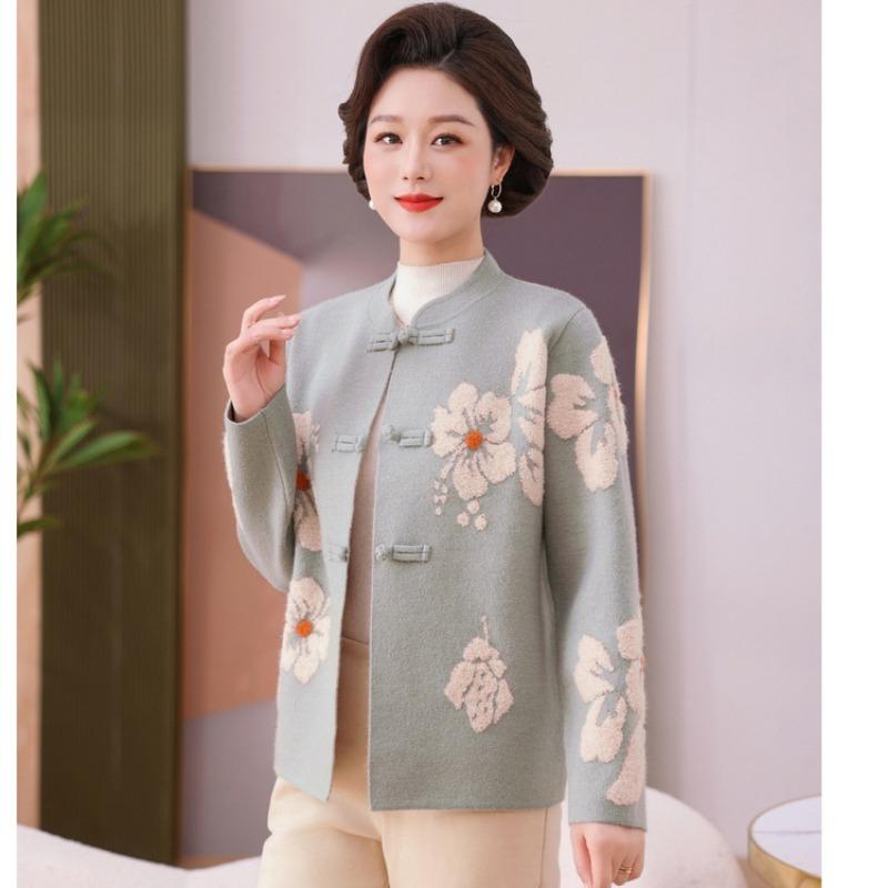 New embroidered large-size knitted top medium and old versatile sweater spring and autumn mother v-neck knitted sweater jacket
