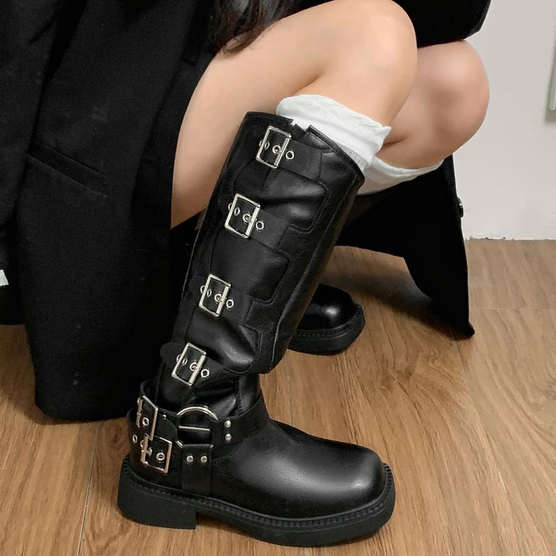 Fashion Winter Thick Heel Woman Knee High Boot Fashion Side Zippers Shoes Vintage Belt Buckle Ladies Knight Long Booties