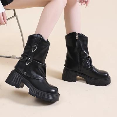 Mode Damen Schuhe 2024 Marke Seitlicher Reißverschluss Damenstiefel Mode Runde Zehen Moderne Stiefel Damen Heißer Verkauf Metalldekoration Halbwadenstiefel