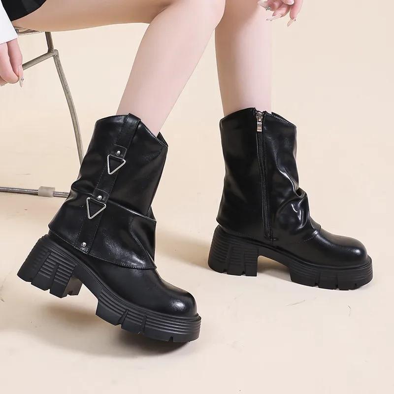 

Модная женская обувь 2024 Бренд Боковая молния Женские ботинки Модные Круглый носок Современные ботинки Женские Горячая распродажа Металлическая отделка Ботинки до середины икры 35