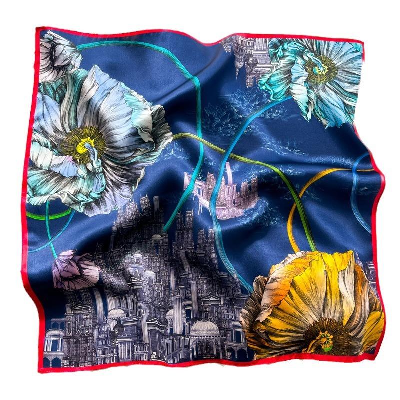 New Women Square 100% Natural Silk Scarf Foulard Bandana Lady Floral Neck Scarves for Hair Neckerchief Spring Bag Ties 53cm