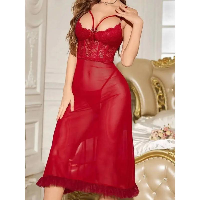 Sexy Lace Mesh Suspender Lace Long Red Transparent Dress Backless Deep V Sleeveless Pure Desire Dress Elegant For Woman DLSV