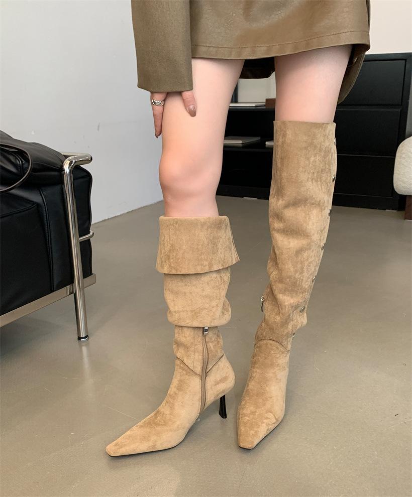 

Two wear retro pleated boots frosted button boots women s 2025 autumn and winter new thick heel pointed temperament knight boots 39 хаки
