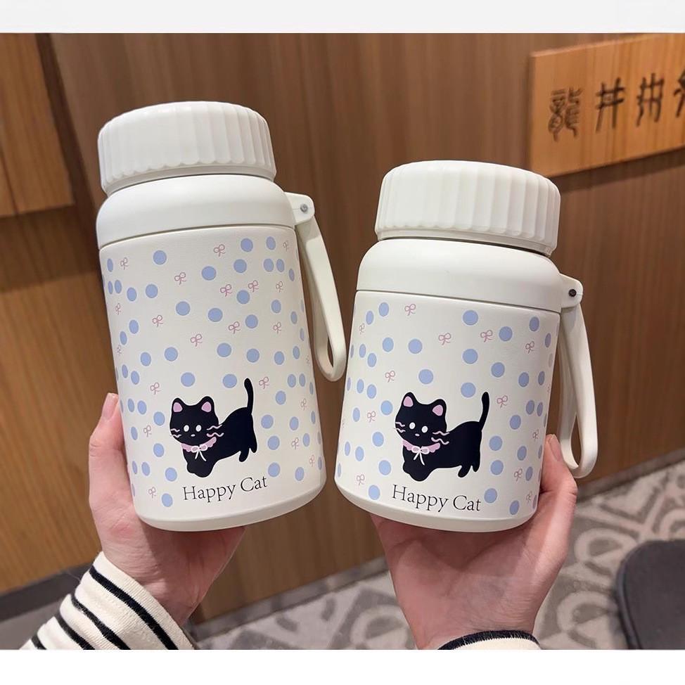Cat Pattern Insulated Large Capacity Water Bottle With Leakproof Lid For Students And Commuters
