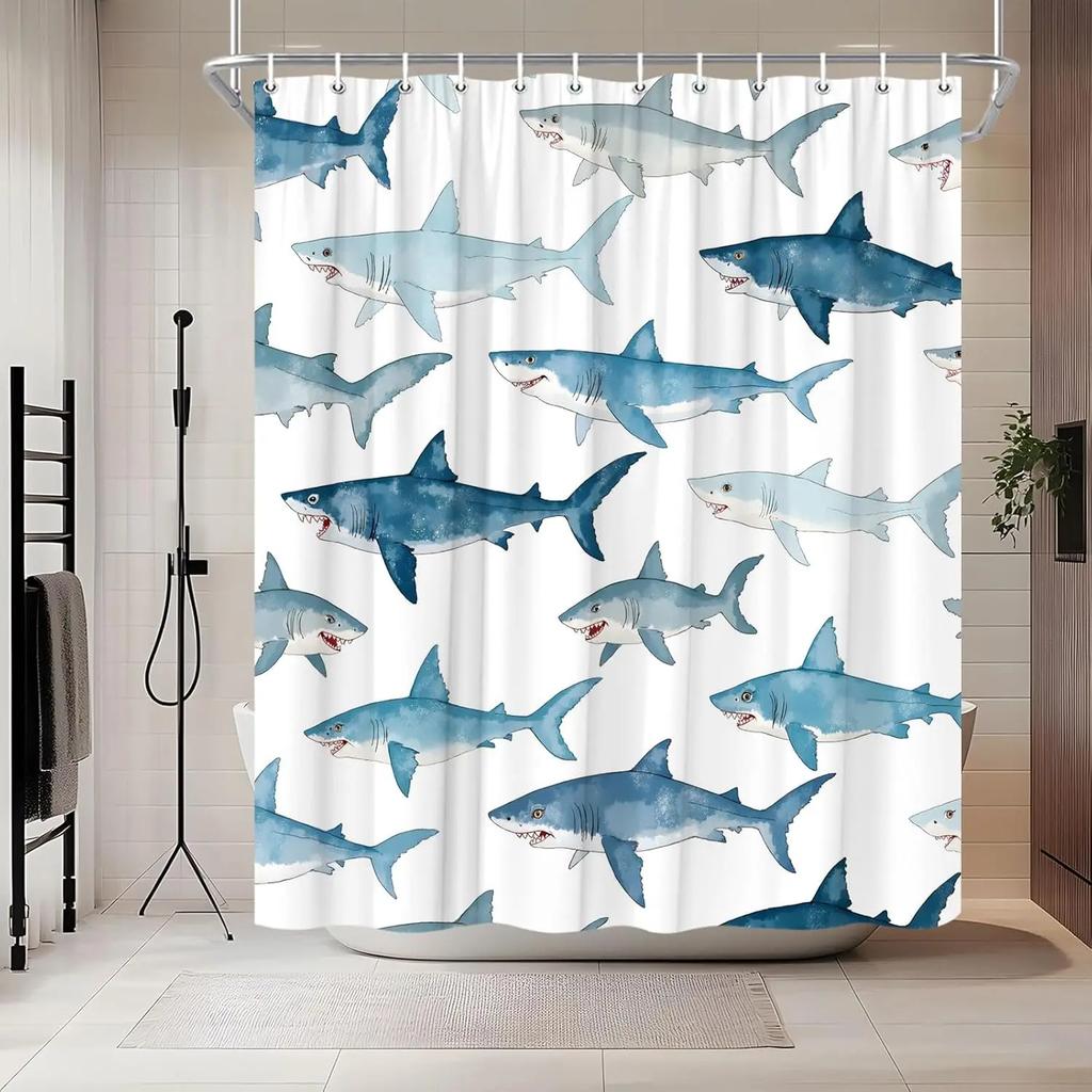 Nautical Shark Shower Curtain Cute Cartoon Ocean Dolphin Marine Life Underwater Creature Tropical Blue Sea Animal Watercolor