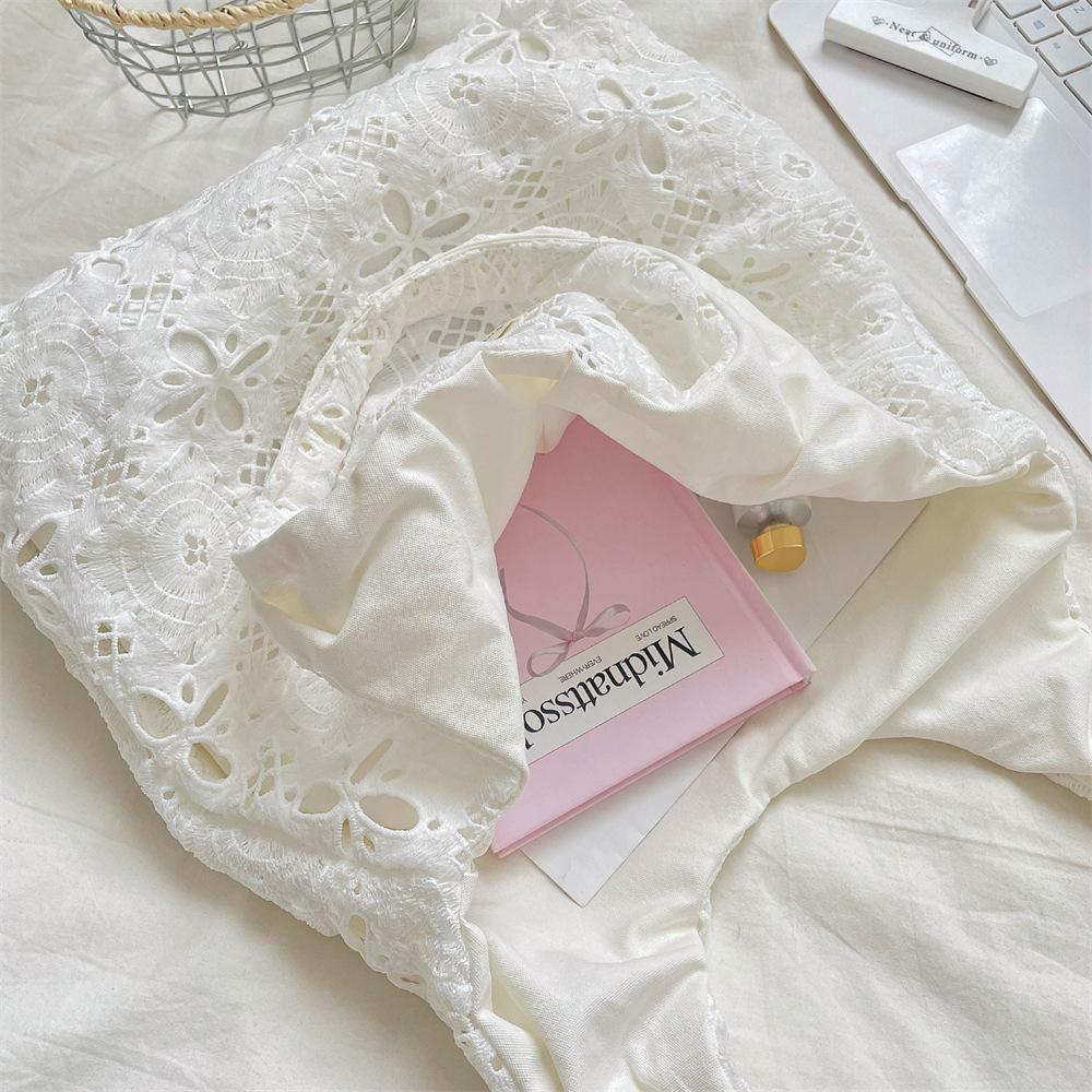 Solid Color Ladies Lace Hollow Embroidery Shoulder Bag Large Capacity Portable Female Vest Shopping Bag Women's Casual Handbags