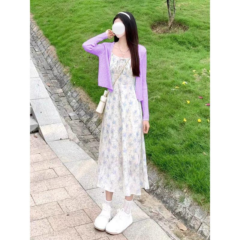 

Summer Sun Protection Knit Women Thin Cardigan Outer Wear with Suspender Skirt Shawl Air Conditioning Blouse Outdoor Ice Silk Top Purple Premium Edition 2XL