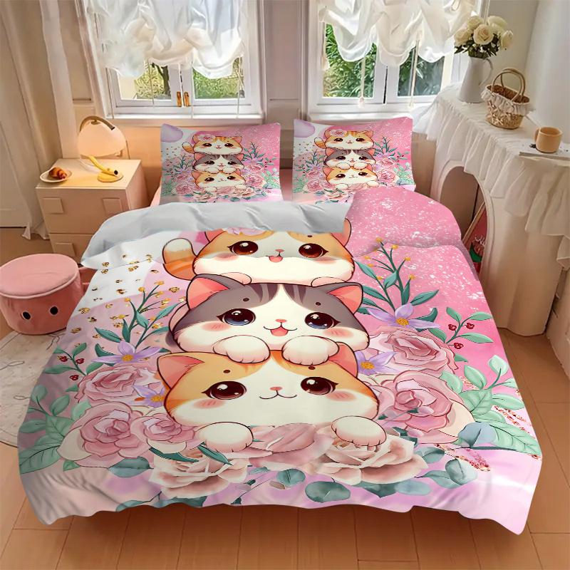 3 Stück Drei Süße Katzen Ideen Bettwäsche-Set - Enthält 1 Bettbezug und 2 Kissenbezüge, Bequeme Bettwäsche mit Stilvollem Design für Schlafzimmer, Masch