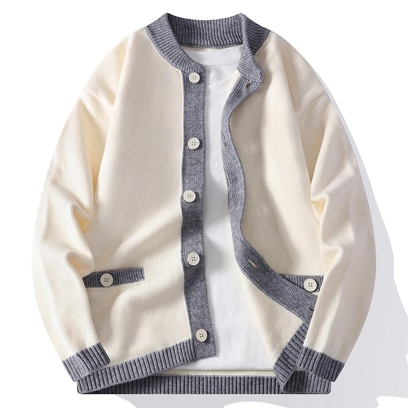 Autumn and Winter Korean Style Contrasting Color Cardigan Simple Sweater Men's Long-sleeved Tops