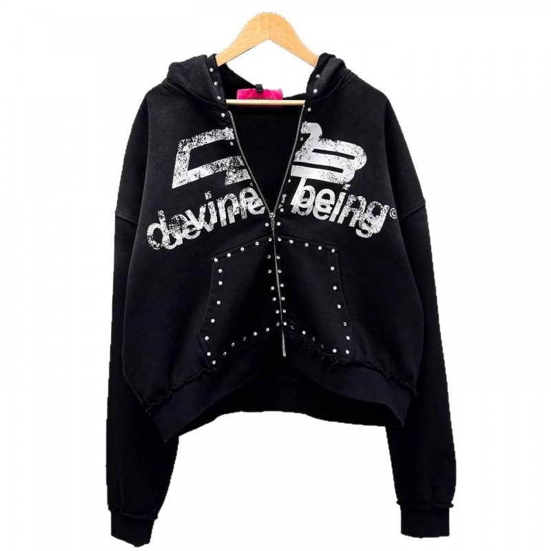 2026 Vintage Y2K Zip Hoodie Teens Loose Fit Letter Print Casual Streetwear