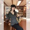 Gray lazy wind pleated off-the-shoulder one-word collar loose solid color long-sleeved T-shirt new Korean version autumn women's top
