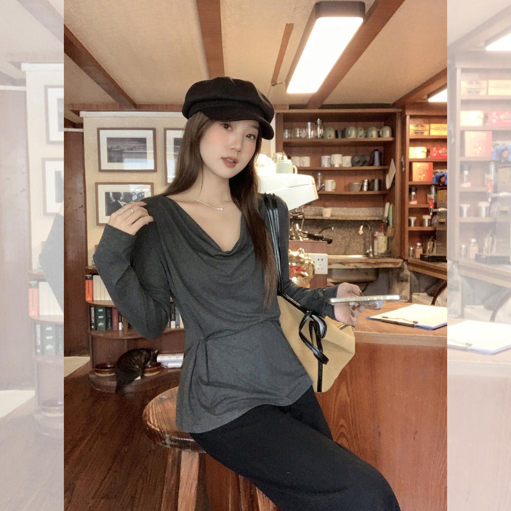 Gray lazy wind pleated off-the-shoulder one-word collar loose solid color long-sleeved T-shirt new Korean version autumn women's top
