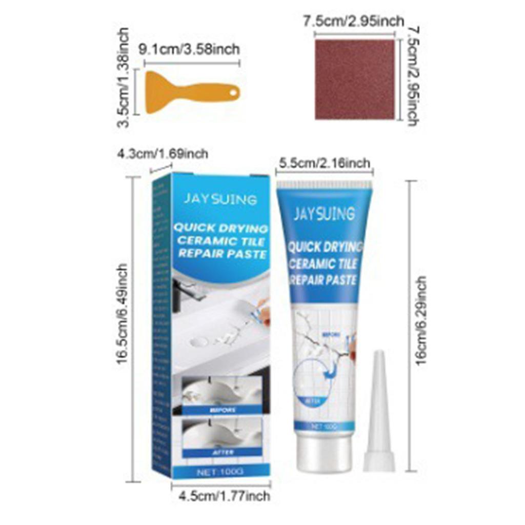 100g Tile Repair Glue Fast Drying Waterproof Patch Paste for Bathroom Kitchen Floor Wall Cracks Holes Includes Scraper Sandpaper