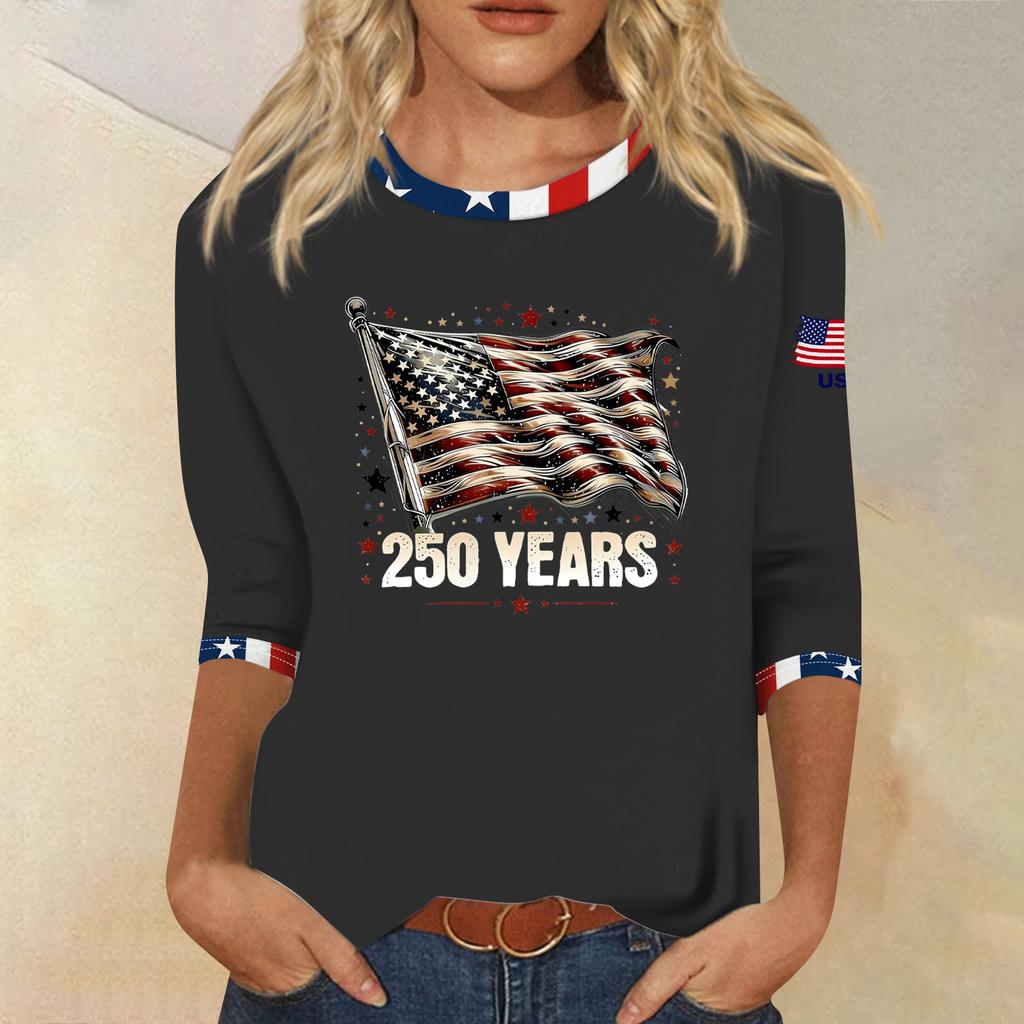 Women's Fashion Casual Seven-Sleeve Independence Day Print Round Neck Top