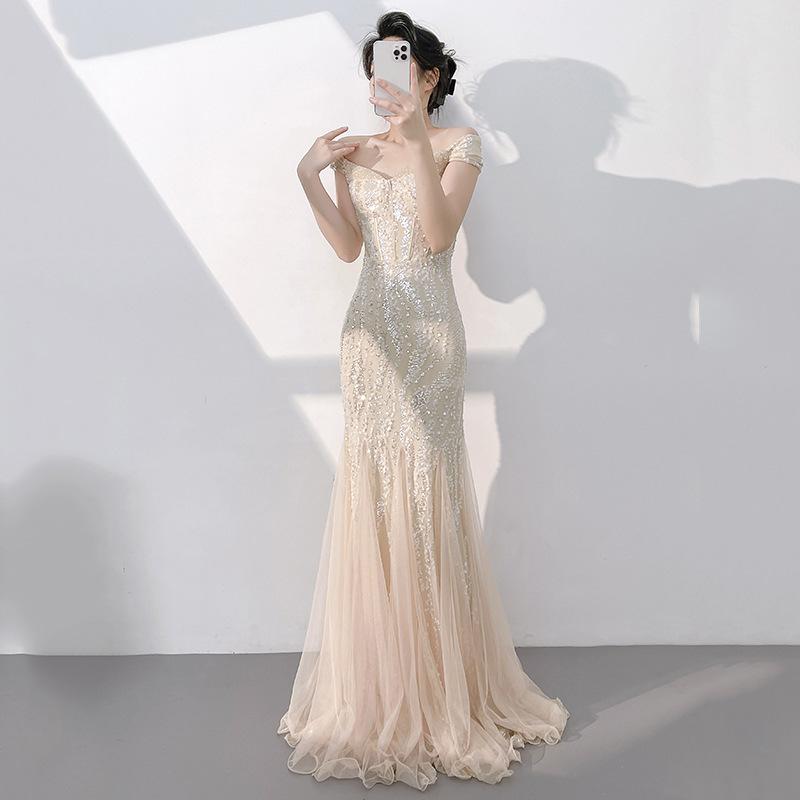 Champagne Fishtail Evening Dress New Temperament Long Beautiful Host One-word Shoulder Fishtail Sequined Long Dress