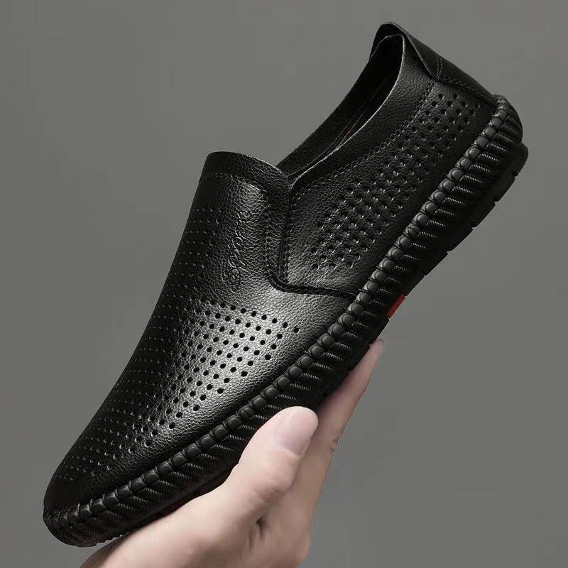 Genuine Leather Cowhide Men's Breathable and Deodorant Summer Extra Large Size One-pedal Men's Casual Leather Shoes Soft Leather Doudou Men's Shoes