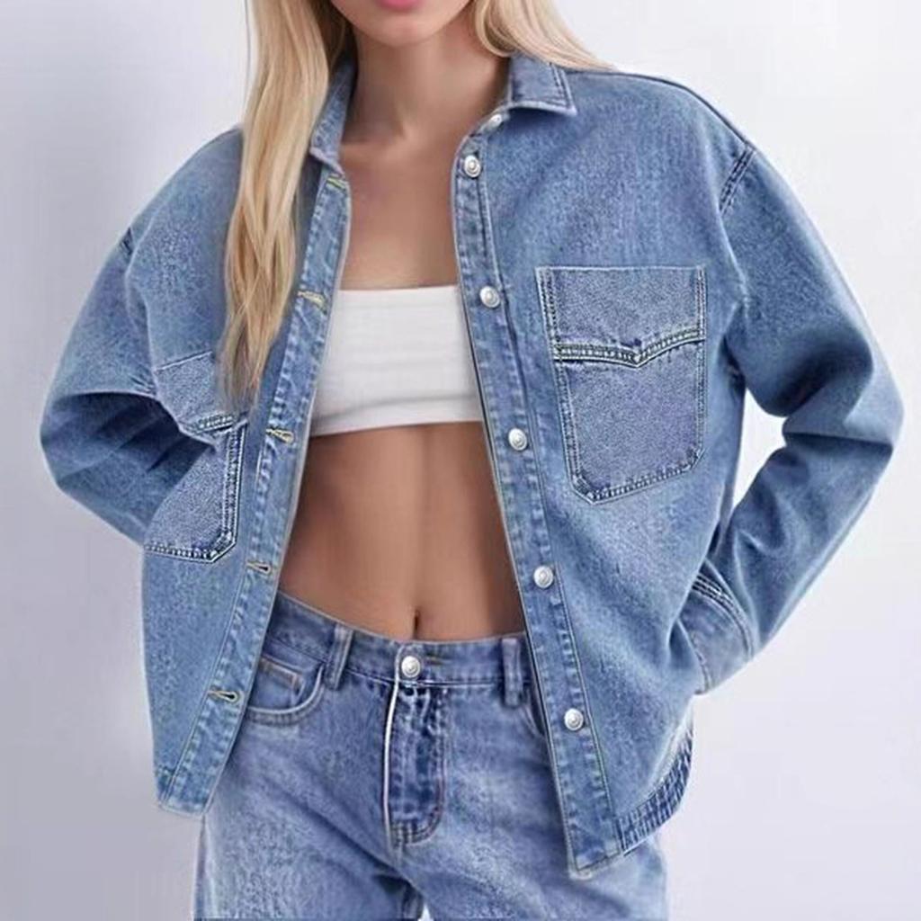 Women's Washed Vintage Loose Fit Casual Denim Shirt Jacket Button Down Long Sleeve Pocket Detail Lightweight Outerwear