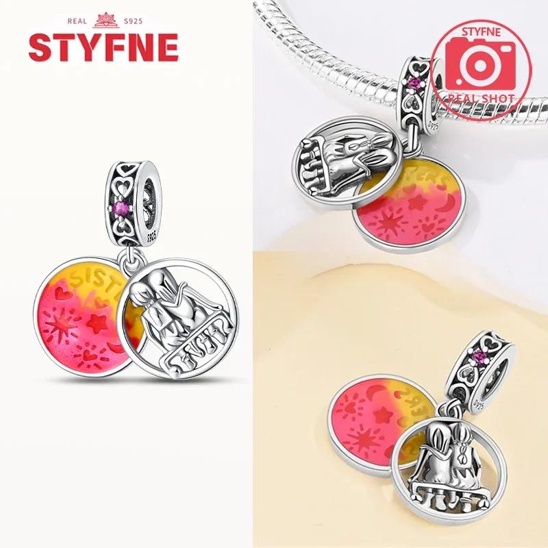 925 Silver Sisters On Swing Heart Charm Beads DIY Bracelet Fine Jewelry Gift for Women Sister Forever