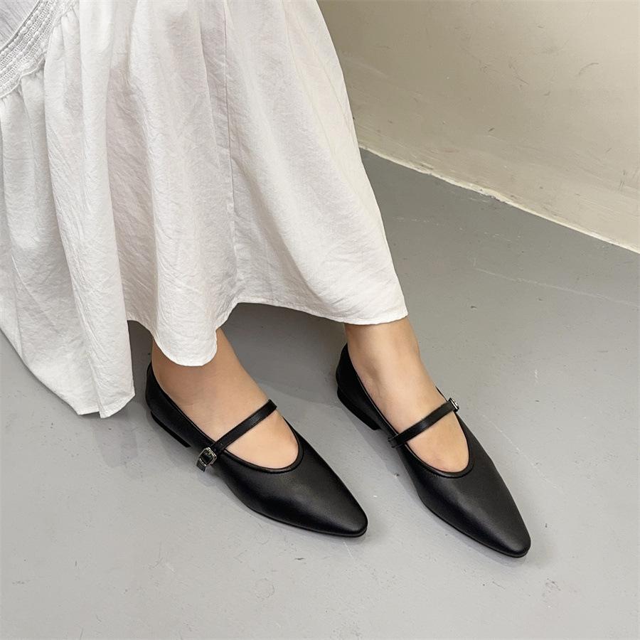 Johnature Oryginalne skórzane płytkie, spiczaste, płaskie buty retro, uniwersalne, miękkie, ze skóry bydlęcej, damskie