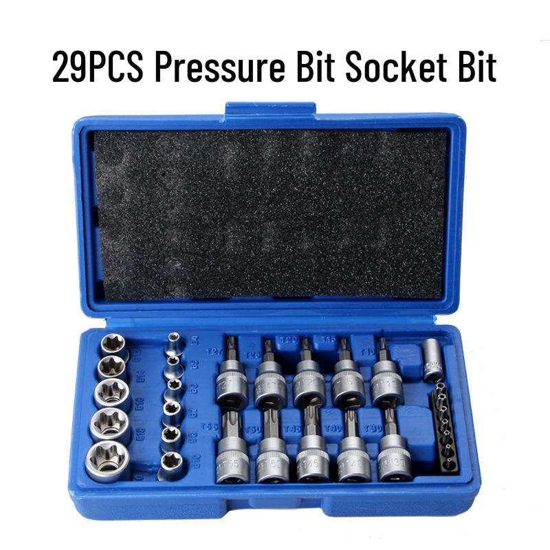 

29-Piece Chrome Vanadium Steel Socket Set for Auto, Machine, and Household Repairs with Hex and Plum Blossom Heads.