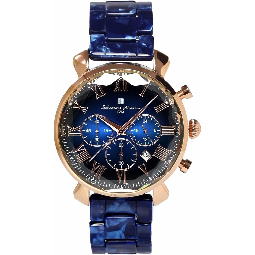 Salvatore Mara Men s Chronograph Watch Blue Multi-Faceted Glass Acetate Strap Gradient Design