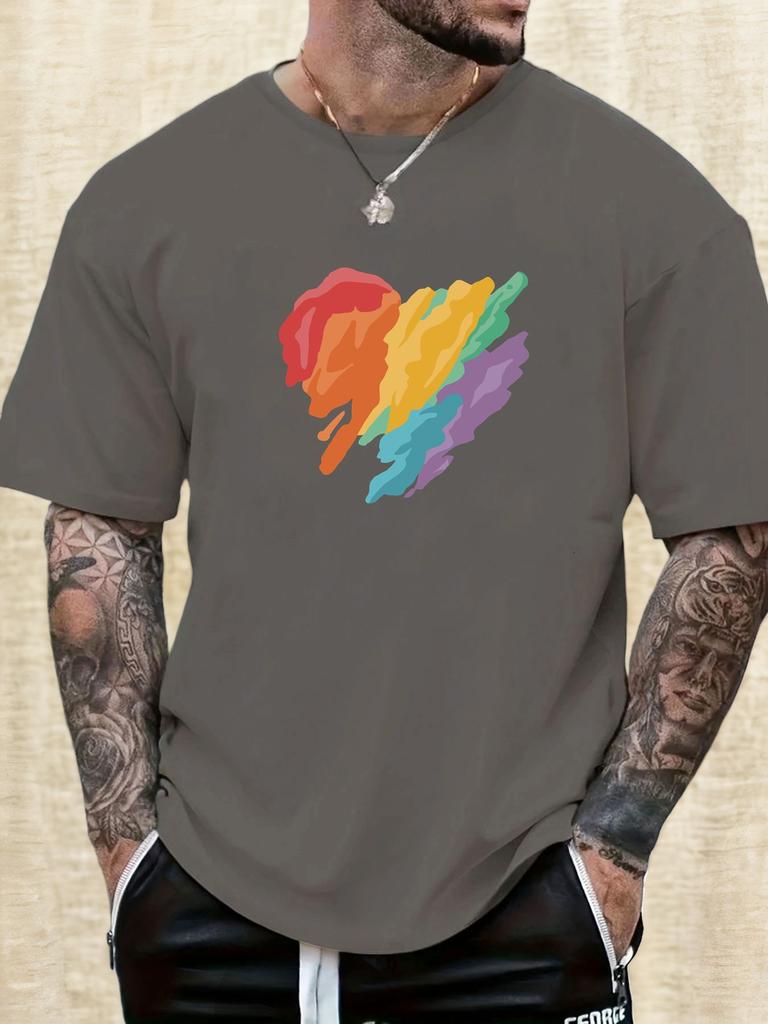 Mens Casual Tshirt Rainbow Heart Print Short Sleeve Round Neck Breathable Soft Oversized Vibrant Daily Wear Tee