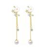 Delicate Flower Design Dangle Earrings With Simulated Pearls Chain Bridal Jewelry Glossy Gold or Silver Finish