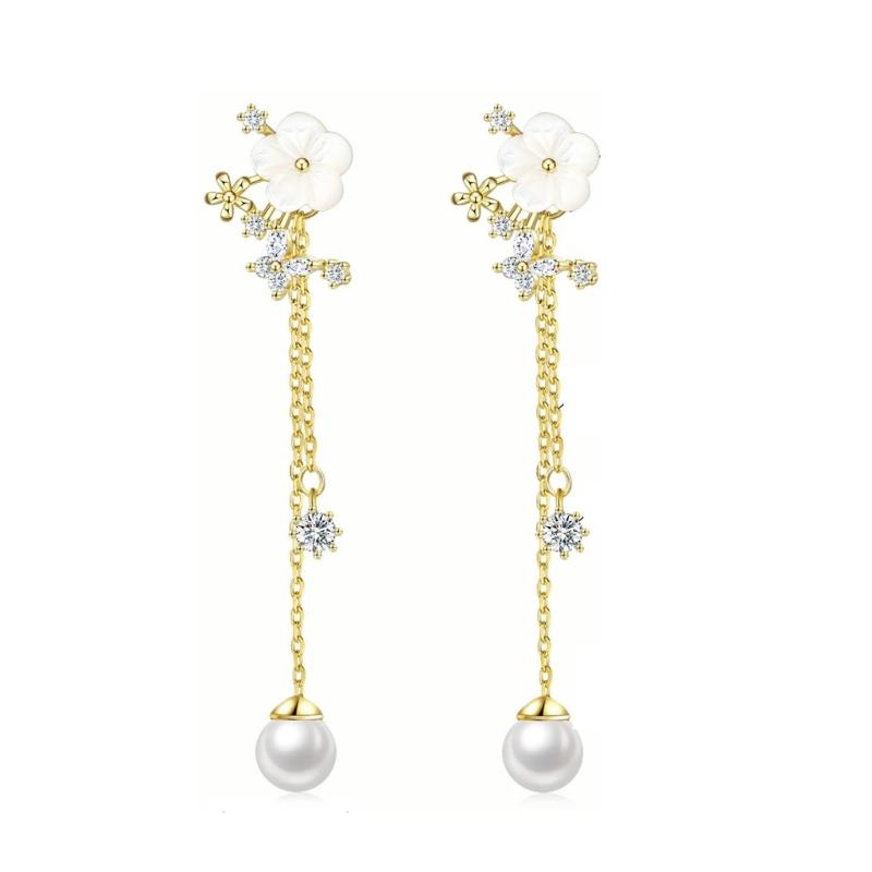 Delicate Flower Design Dangle Earrings With Simulated Pearls Chain Bridal Jewelry Glossy Gold or Silver Finish