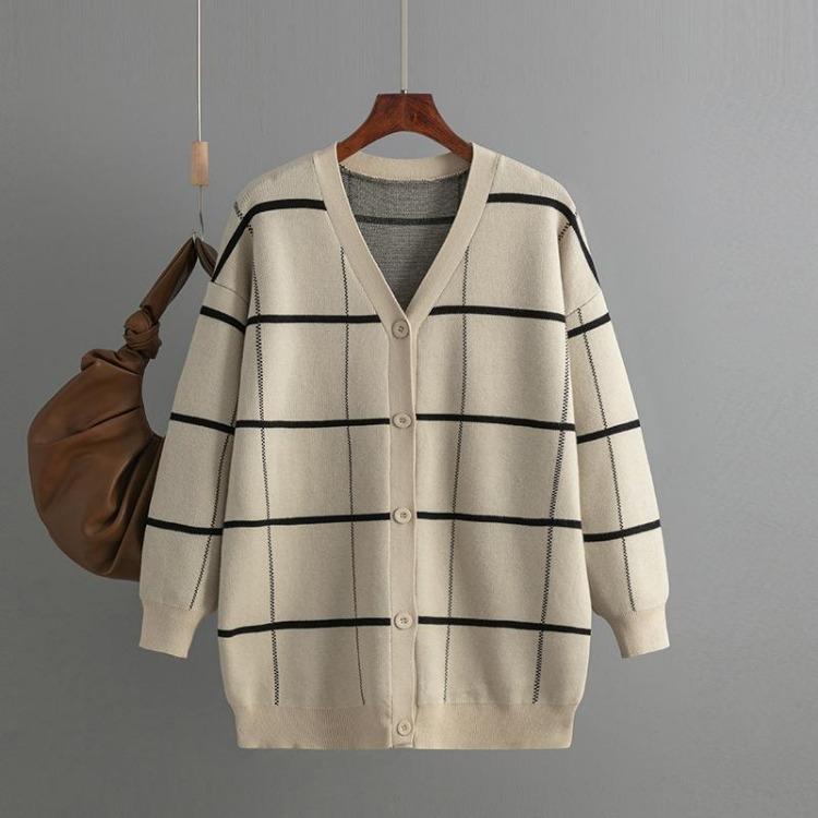 Autumn Winter Women Jacquard Sweater Loose Knit Coat V Neck Long Patterned