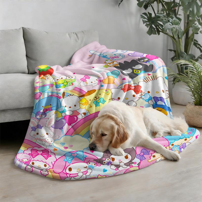 Sanrio All Star Characters Flannel Blanket Kawaii Hello Kitty Kuromi Cinnamoroll Rainbow Print Throw Bed Sofa Room Aesthetic