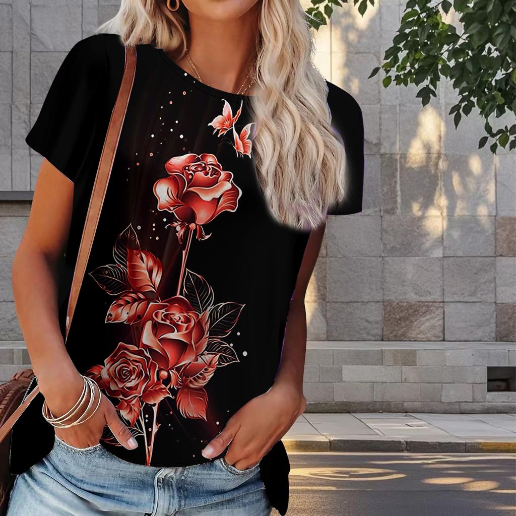 Damski Letni T-shirt z Nadrukiem Róży Retro Moda Krótki Rękaw Koszulki Casualowe Drukowane Topy