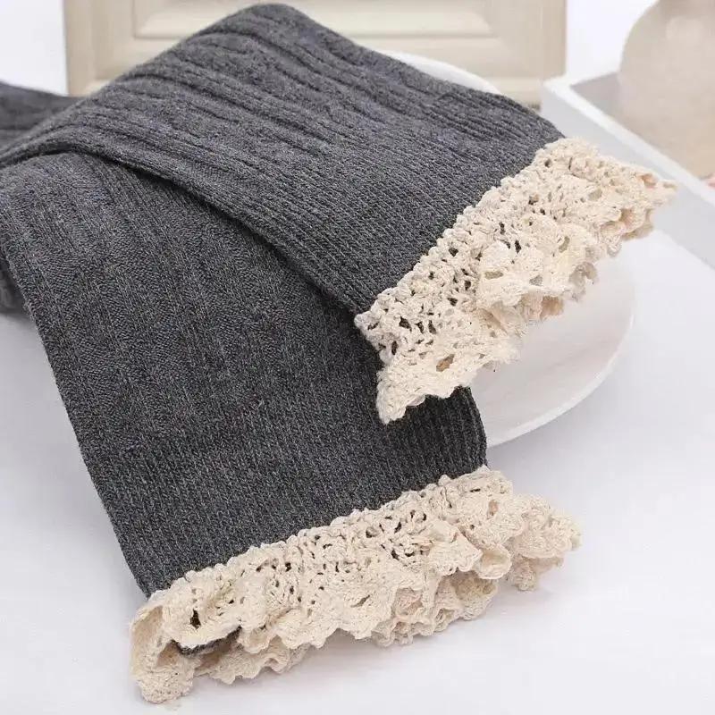 1 Pair Women Fashionable Solid Color Warm Cotton Thigh High Long Stockings Knit Over Knee Lace Girls Socks Accessories Creative