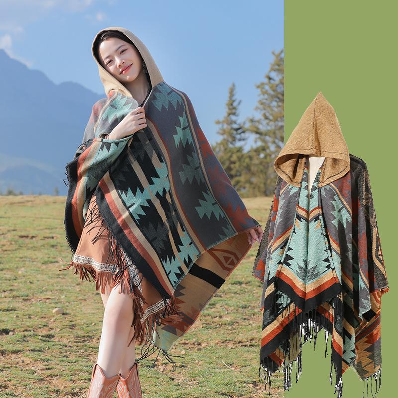 Autumn Winter Elegant Retro Print Scarf Women Layers Poncho Warm Tassels Scarve Capa Para Mujer Pashmina Cloak Wrap Shawl