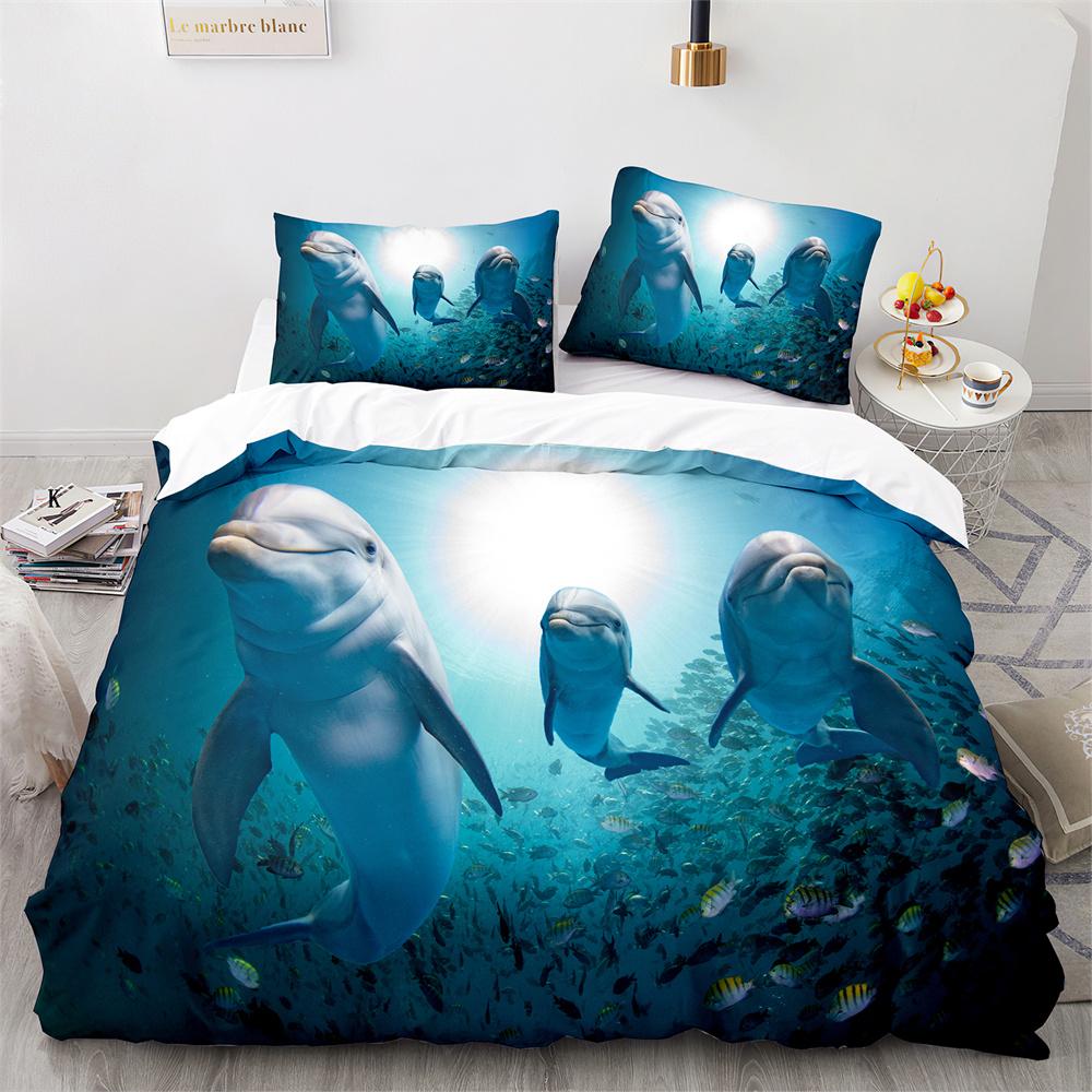 Dolphin Duvet Cover King Queen Size Lovely Sea Life Bedding Set For Kids Boy Girl Cute Ocean Animal 2/3pcs Polyester Quilt Cover