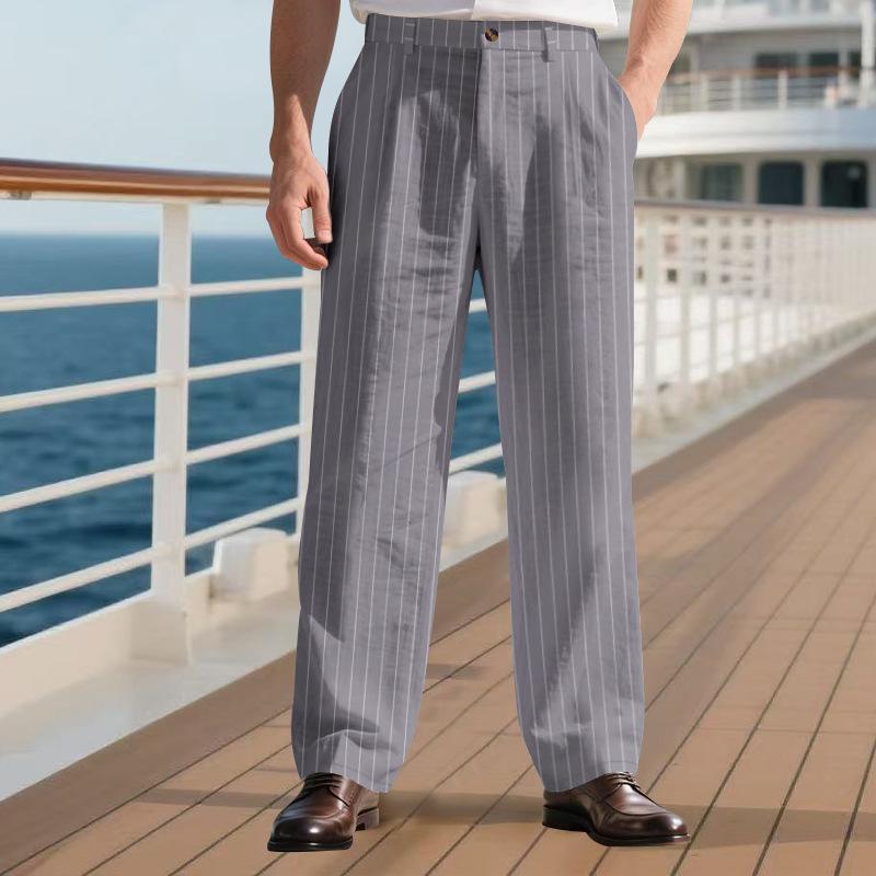 Autumn Men's Linen Trousers Loose Breathable Simple Casual Pants Vertical Stripe Design Straight Suit Trousers