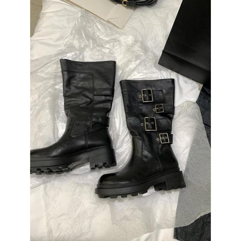 Cowhide version~ Showing legs, thin belt buckle, thick-soled medium tube knight boots for women's 2025 autumn new cool and handsome thick-heeled loc