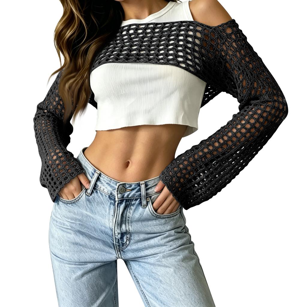 Women's Sunscreen Hollow Long Sleeve Backless Bikini Beach Dress Knit Sweater Cover-Up